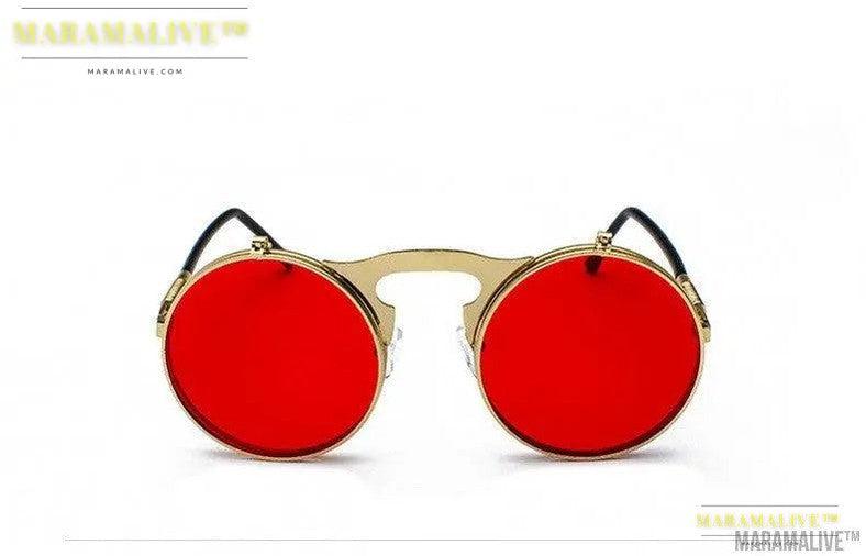 Retro Metal Steampunk Flip Sunglasses Round Frame