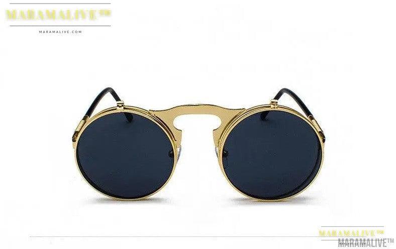 Retro Metal Steampunk Flip Sunglasses Round Frame