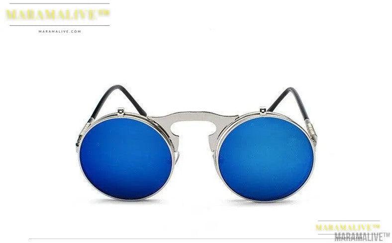 Retro Metal Steampunk Flip Sunglasses Round Frame