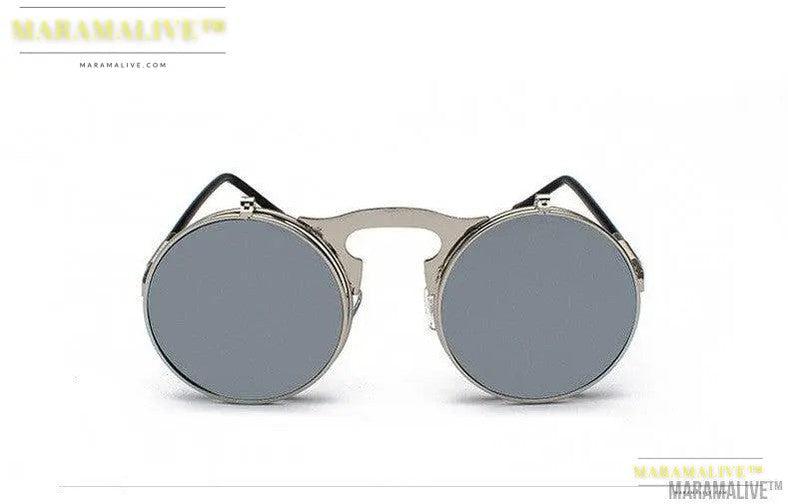 Retro Metal Steampunk Flip Sunglasses Round Frame