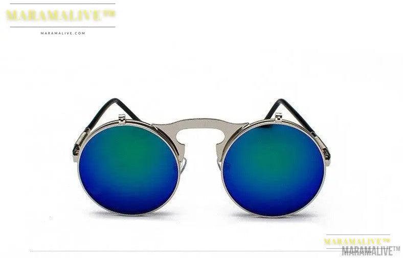 Retro Metal Steampunk Flip Sunglasses Round Frame