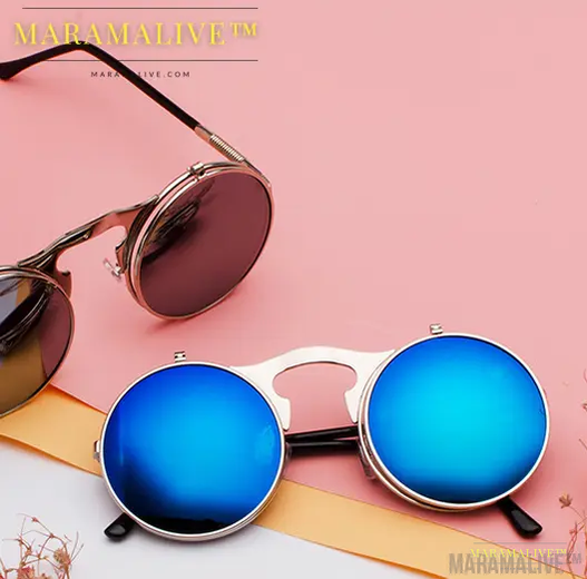 Retro Metal Steampunk Flip Sunglasses Round Frame