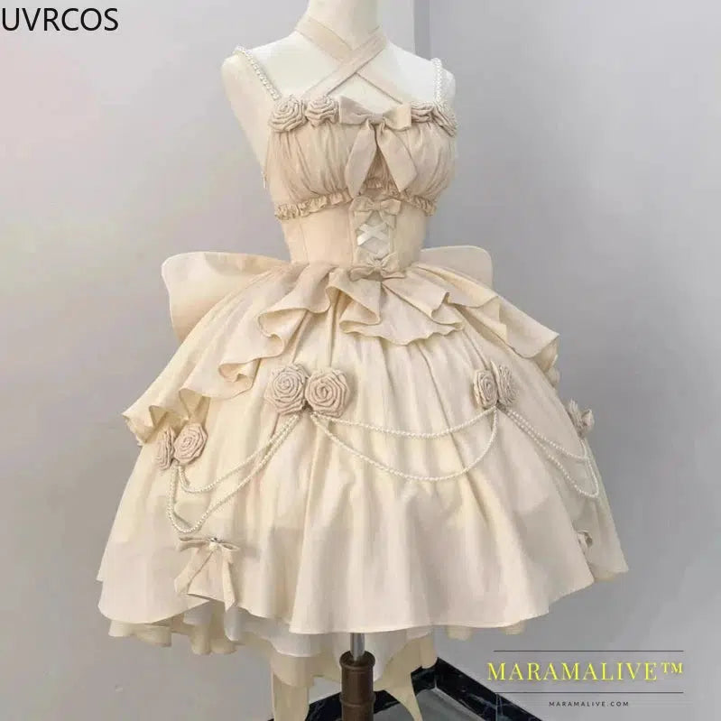 Retro Victorian Lolita Dress Elegant Women Sweet Bow Pearl Chain Ruffles Rose Flower Dresses Kawaii Gradient Pink Princess Dress