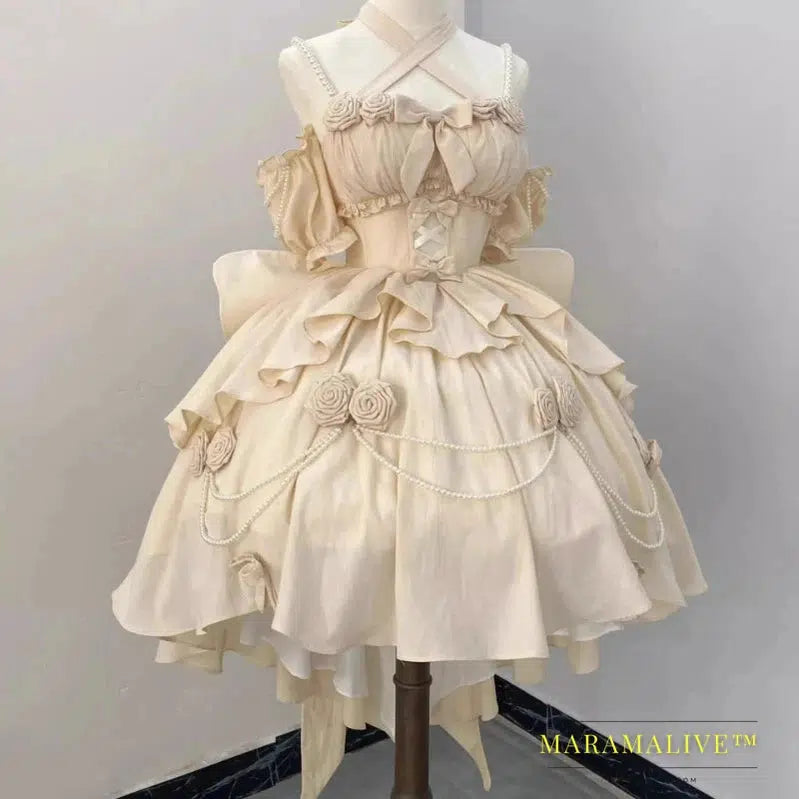 Retro Victorian Lolita Dress Elegant Women Sweet Bow Pearl Chain Ruffles Rose Flower Dresses Kawaii Gradient Pink Princess Dress