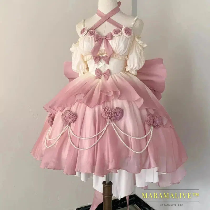 Retro Victorian Lolita Dress Elegant Women Sweet Bow Pearl Chain Ruffles Rose Flower Dresses Kawaii Gradient Pink Princess Dress