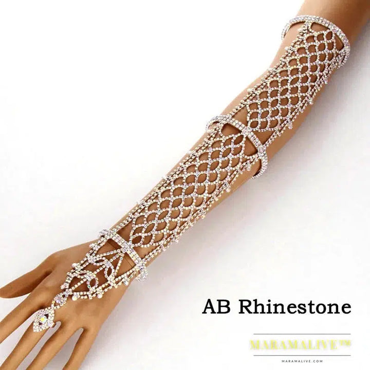 Rhinestone AB Long Leaves Bracelet And Bangles With Ring Bestmen Wedding Cuff Arm Bracelets For Women Wedding Present