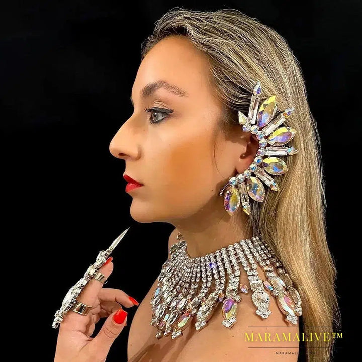 Rhinestone Exaggerate Ear Clip Earrings No Piercing for Women Large AB Color Crystal Statement Cuff Earrings Jewelry