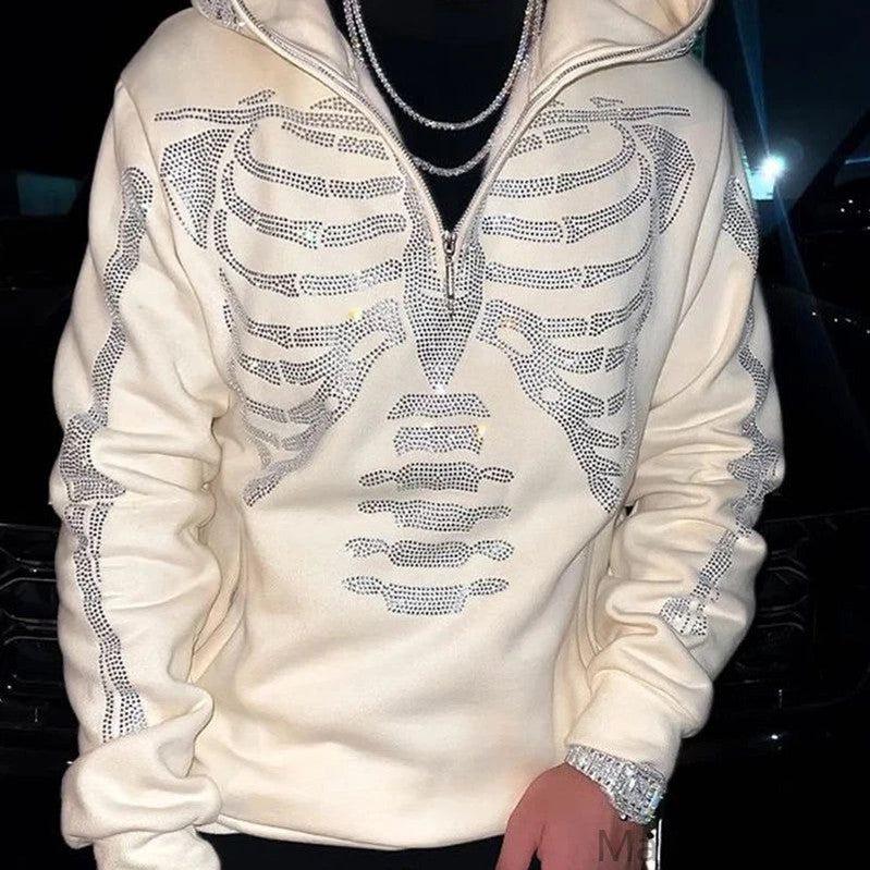 Rhinestone Full Zip Hoodie Skeleton Goth Sweatshirt Pull Long Sleeve Black Hoodies Y2k Fashion Men's Women's Sport Jackets Coats