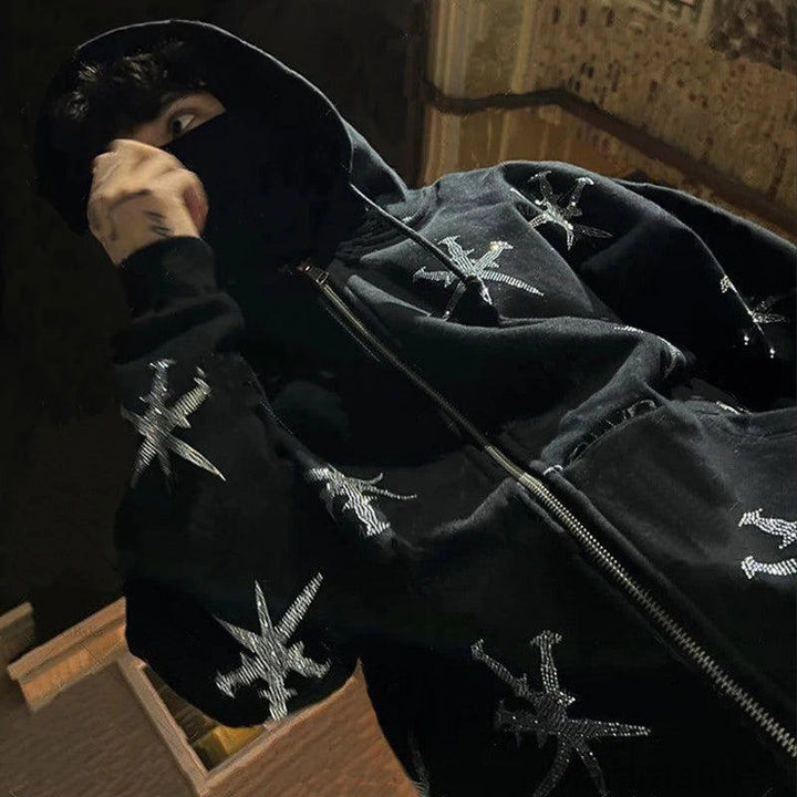 Rhinestone Full Zip Hoodie Skeleton Goth Sweatshirt Pull Long Sleeve Black Hoodies Y2k Fashion Men's Women's Sport Jackets Coats