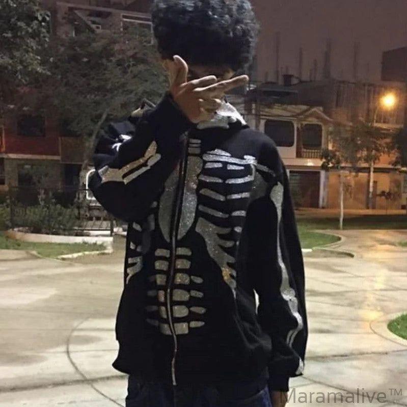 Rhinestone Full Zip Hoodie Skeleton Goth Sweatshirt Pull Long Sleeve Black Hoodies Y2k Fashion Men's Women's Sport Jackets Coats