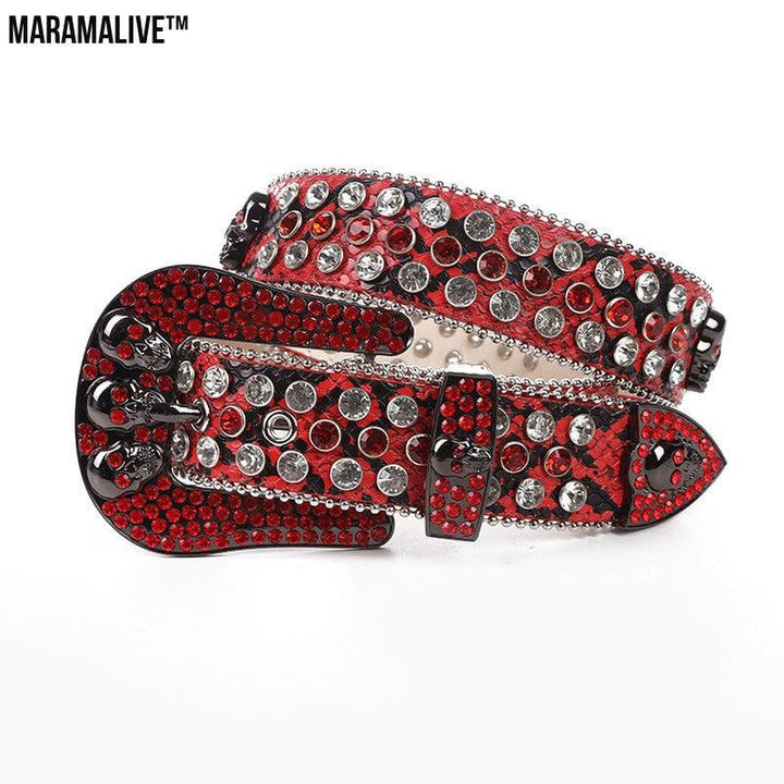 Rhinestone Inset Needle Buckle Skull Belt