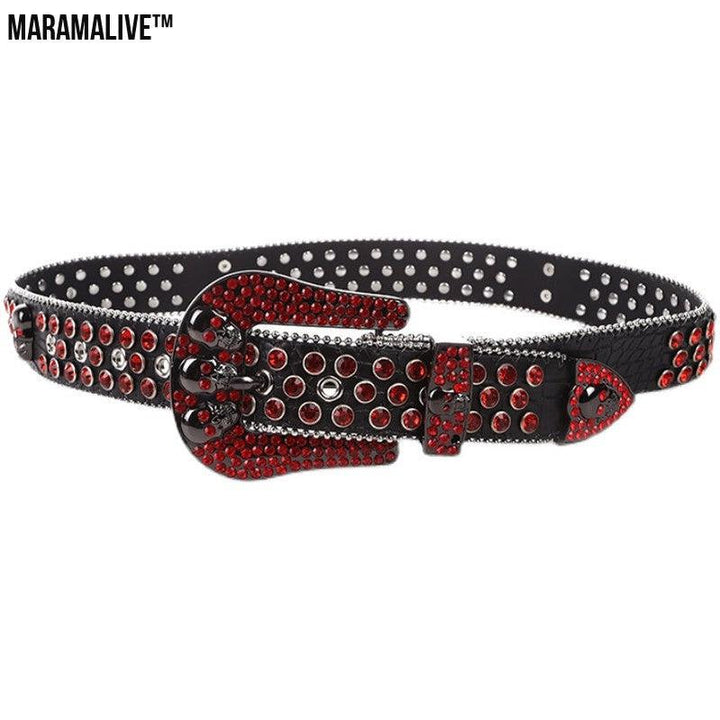 Rhinestone Inset Needle Buckle Skull Belt