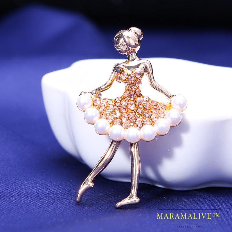 Rhinestone Pearl Dress Dancing Girl Brooches Women Dancer Sports Brooch Pins Gifts