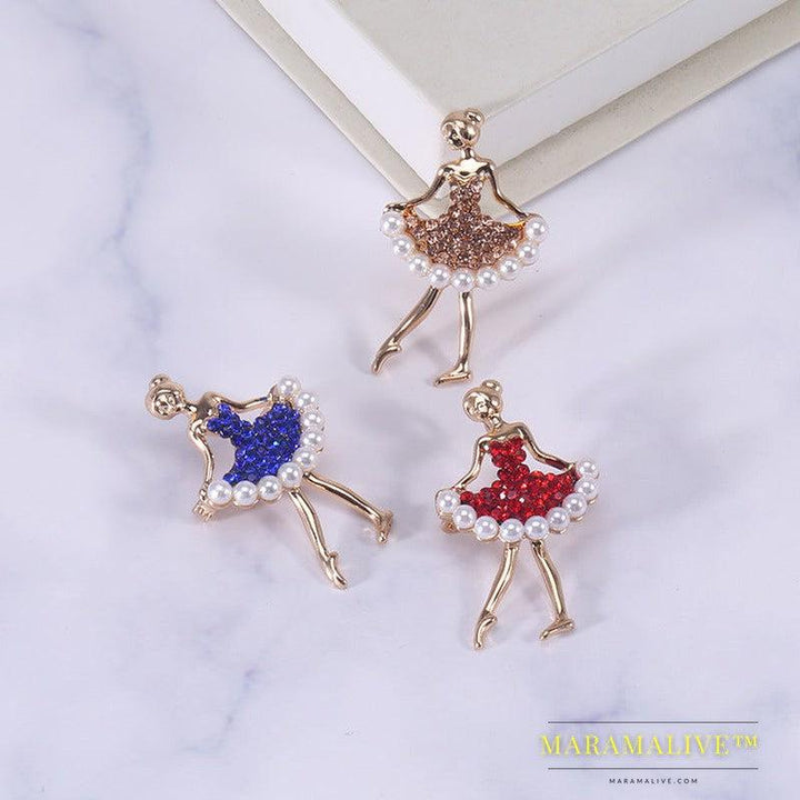 Rhinestone Pearl Dress Dancing Girl Brooches Women Dancer Sports Brooch Pins Gifts