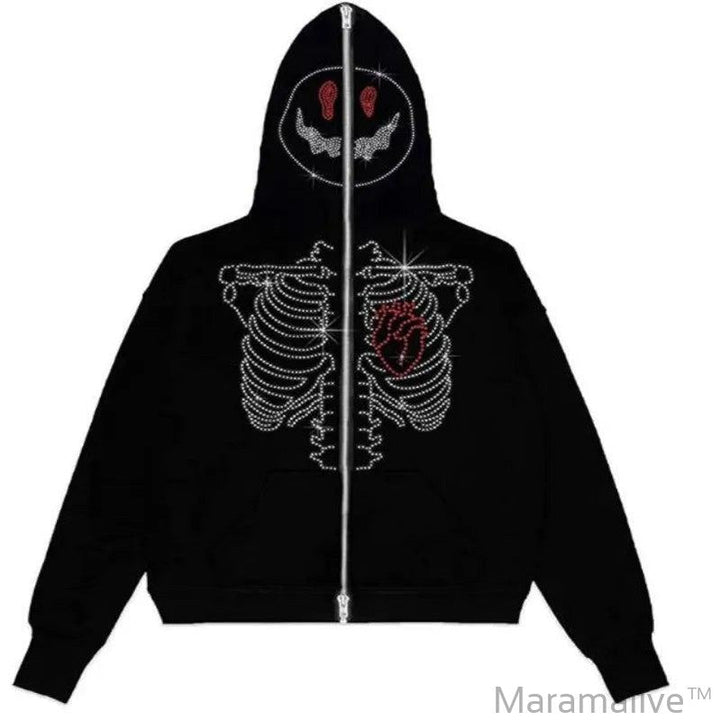 Rhinestone Skull Y2k Gothic Punk Black Oversized Long Sleeve Zip Up Hoodie Harajuku Hip Hop Streetwear Grunge Fashion Sweatshirt