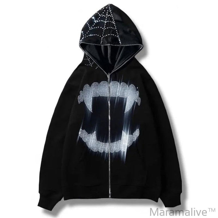 Rhinestone Skull Y2k Gothic Punk Black Oversized Long Sleeve Zip Up Hoodie Harajuku Hip Hop Streetwear Grunge Fashion Sweatshirt