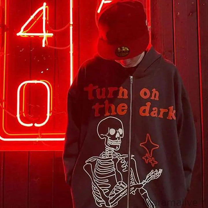 Rhinestone Skull Y2k Gothic Punk Black Oversized Long Sleeve Zip Up Hoodie Harajuku Hip Hop Streetwear Grunge Fashion Sweatshirt