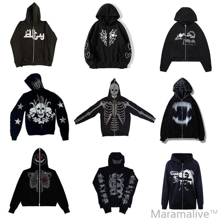 Rhinestone Skull Y2k Gothic Punk Black Oversized Long Sleeve Zip Up Hoodie Harajuku Hip Hop Streetwear Grunge Fashion Sweatshirt