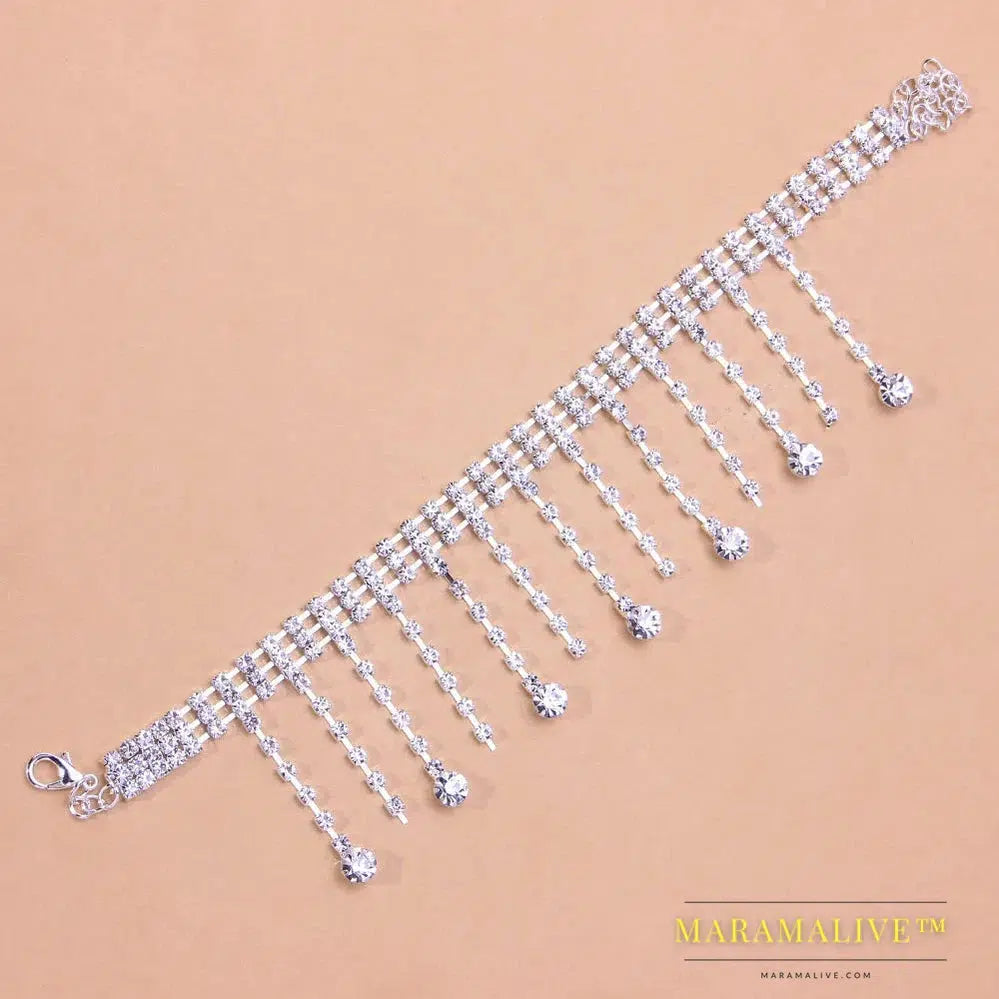 Rhinestone Tassel Pendant Anklet Bracelets on Leg for Women Charm Sandals Anklet Chain Crystal Foot Jewelry Barefoot