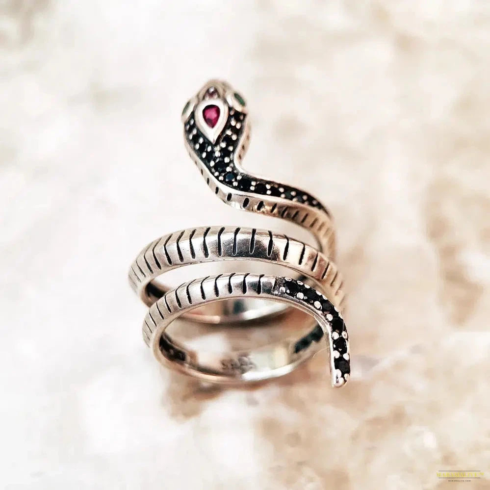 Ring Snake Black Stones Europe Style Classic Fine Jewerly For Women,Brand New Gift In Pure 925 Sterling Silver