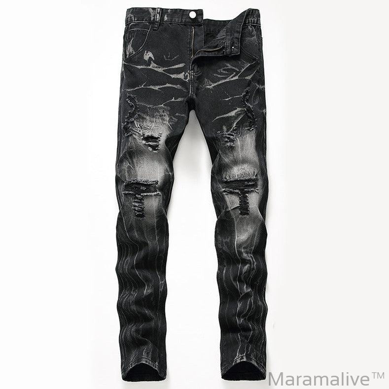 Ripped Black Jeans Men's Autumn And Winter Plus Size Straight-leg Denim Denim Trousers