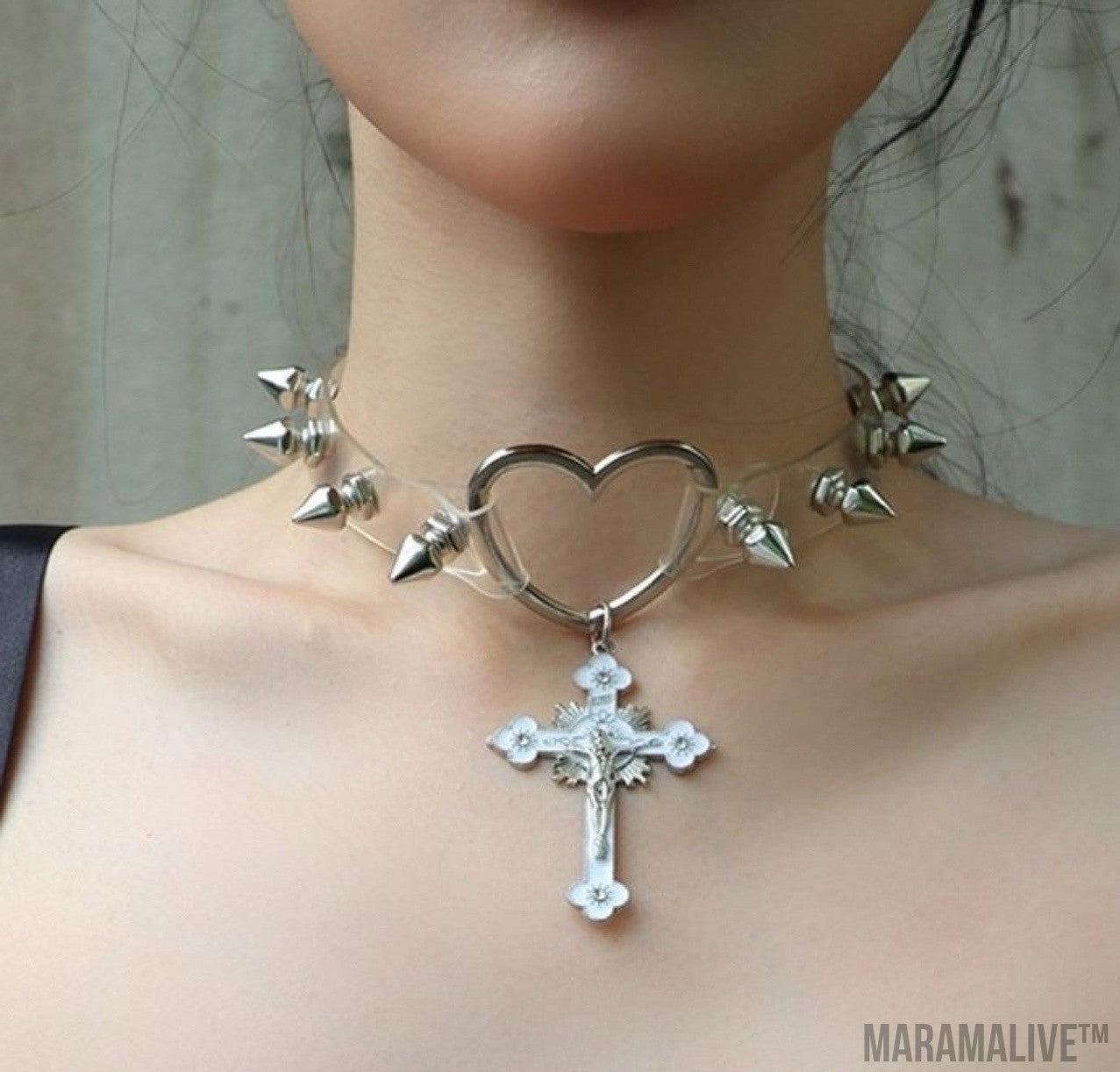 Rivet Leather Punk Thorn Cross Collar