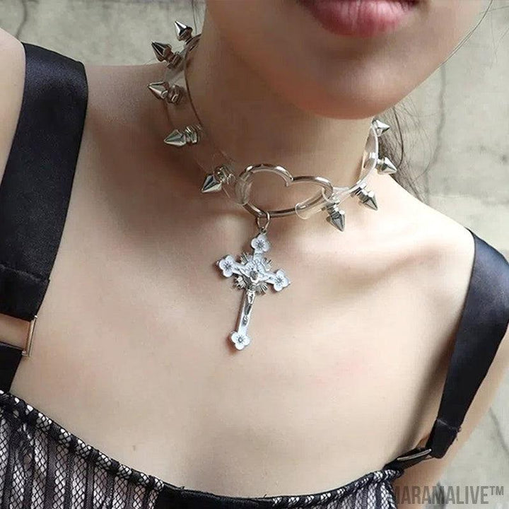 Rivet Leather Punk Thorn Cross Collar