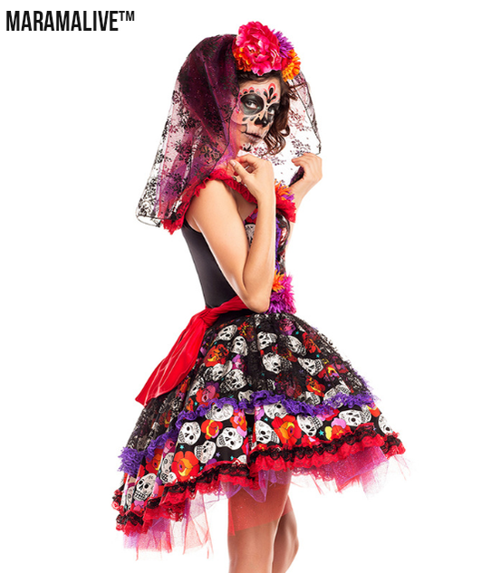 Rose skull print ghost bridal gown