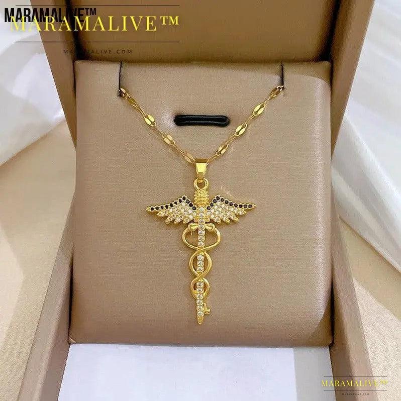 Rotating Dragonfly Snake Stick Angel Wings Necklace