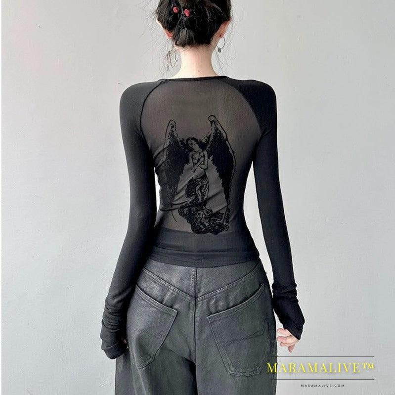 Round Neck Hot Girl Short Angel Print Niche Slimming Patchwork Long Sleeve Top Bottoming Shirt