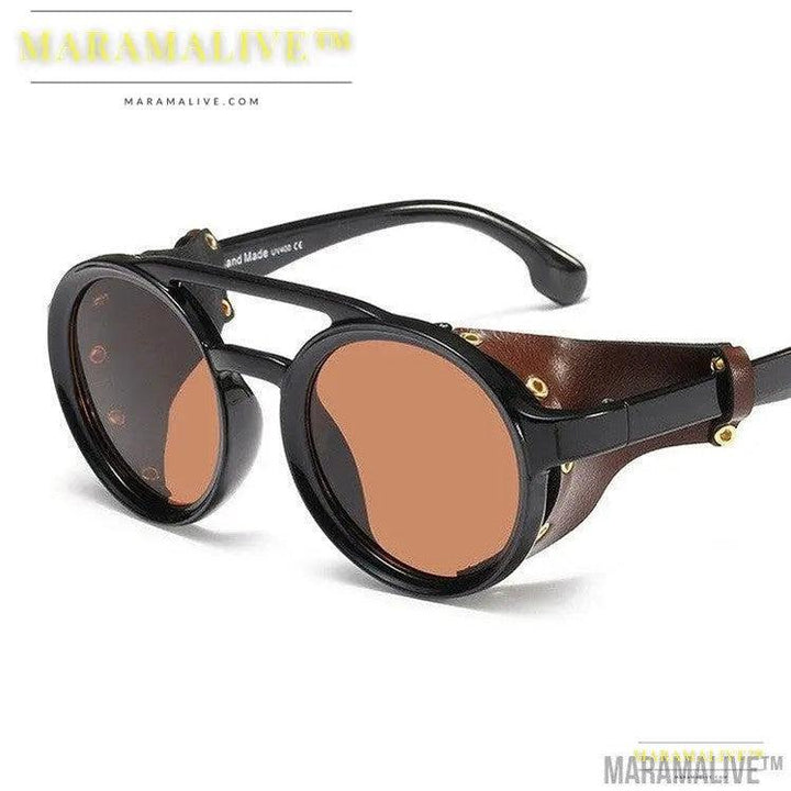 Round Steampunk Leather Sunglasses