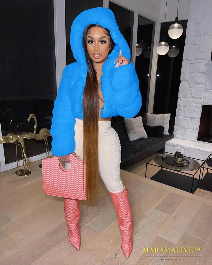 S-2XL Hooded Coats Women Winter Top Fashion Pink FAUX Fur Coat Elegant Thick Warm Outerwear Fake Fur Woman Jacket