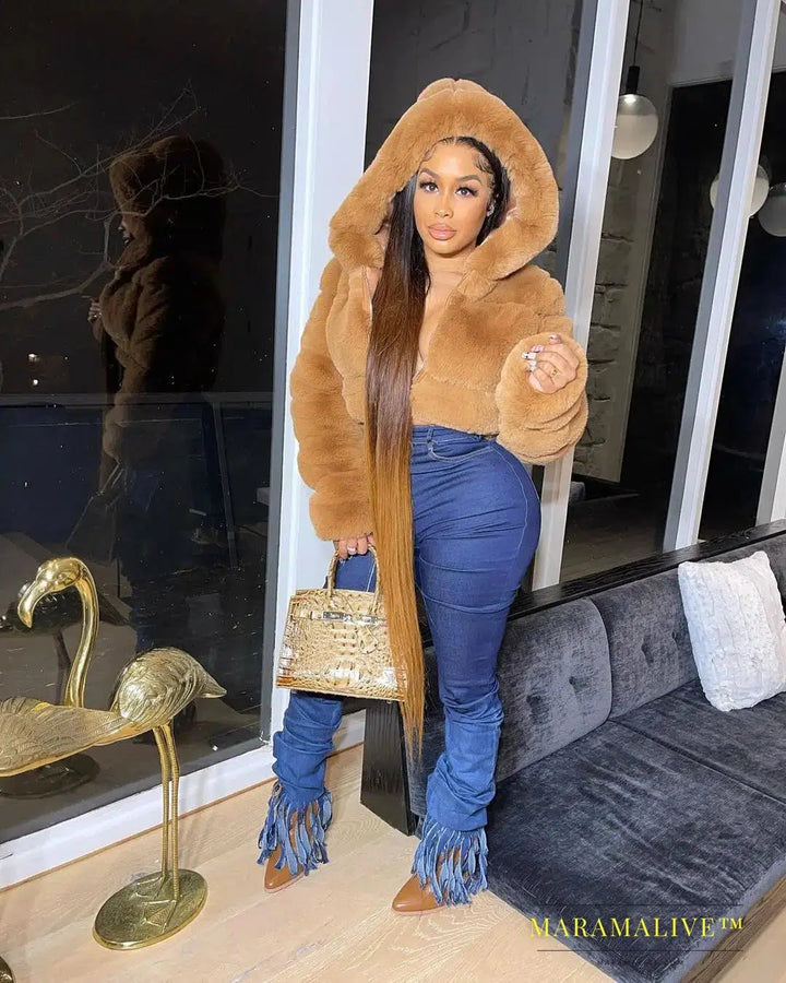 S-2XL Hooded Coats Women Winter Top Fashion Pink FAUX Fur Coat Elegant Thick Warm Outerwear Fake Fur Woman Jacket