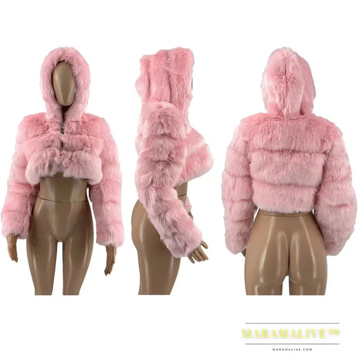 S-2XL Hooded Coats Women Winter Top Fashion Pink FAUX Fur Coat Elegant Thick Warm Outerwear Fake Fur Woman Jacket