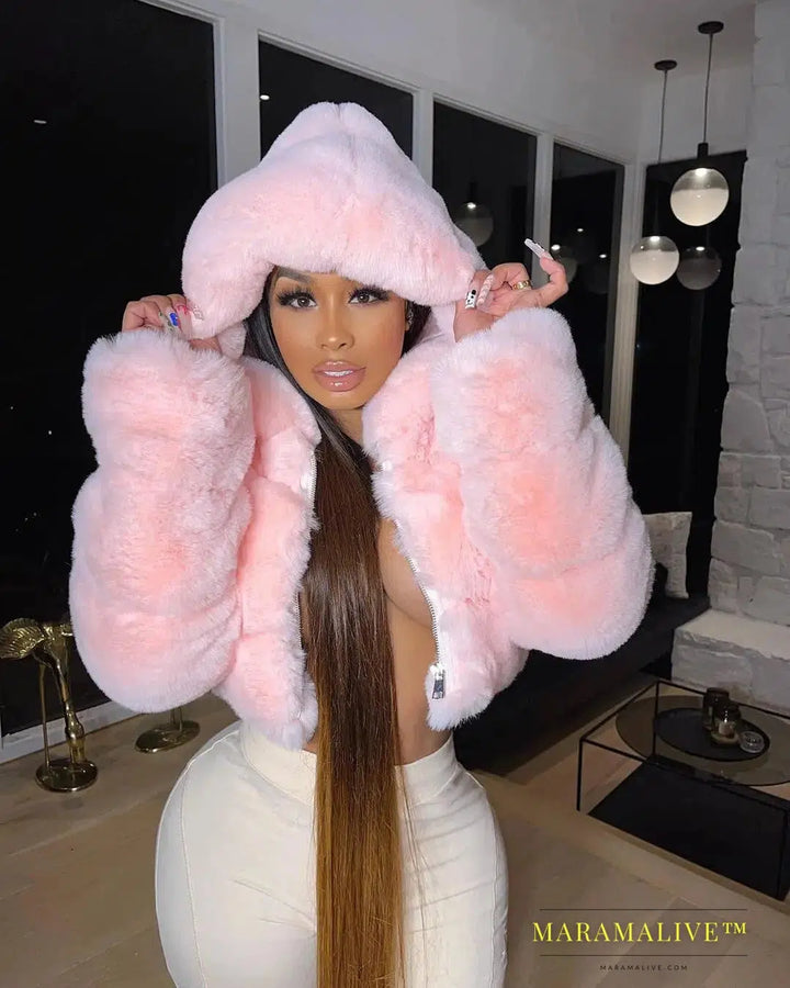 S-2XL Hooded Coats Women Winter Top Fashion Pink FAUX Fur Coat Elegant Thick Warm Outerwear Fake Fur Woman Jacket