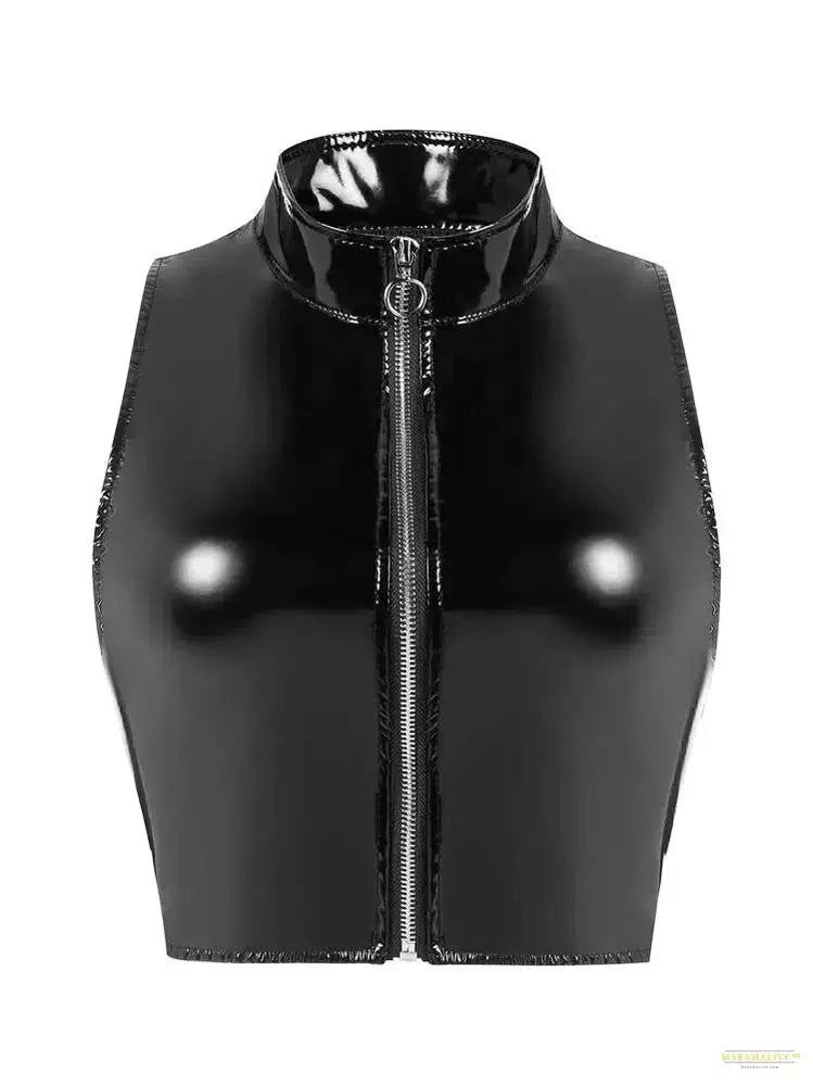 S-3XL Wet Look PVC Bustier Tank Top Shiny PU Leather Crop Tops Sleeveless Zipper Vest Camis Tights Sexy Clubwear Croptop Cropped