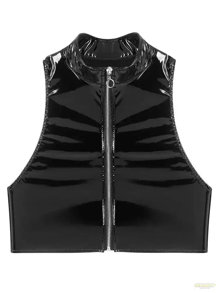 S-3XL Wet Look PVC Bustier Tank Top Shiny PU Leather Crop Tops Sleeveless Zipper Vest Camis Tights Sexy Clubwear Croptop Cropped