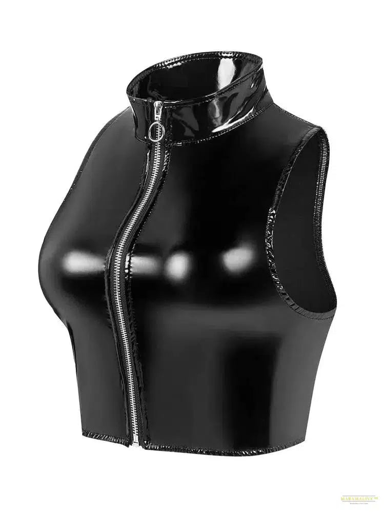 S-3XL Wet Look PVC Bustier Tank Top Shiny PU Leather Crop Tops Sleeveless Zipper Vest Camis Tights Sexy Clubwear Croptop Cropped