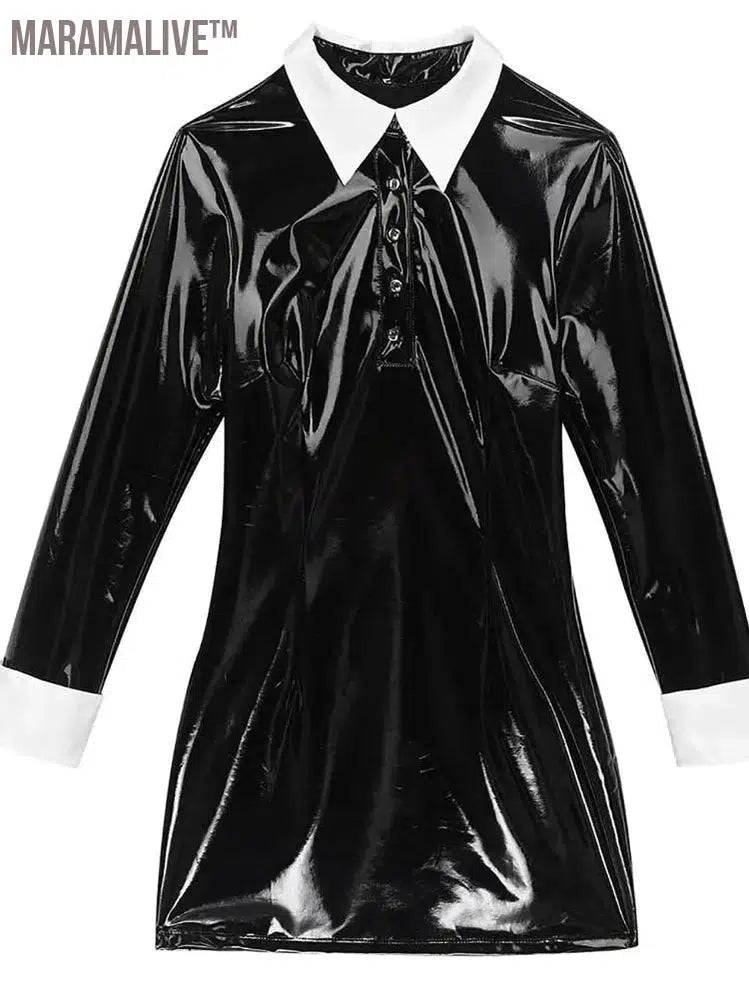 S-5XL Long Sleeve Turn-down Collar Wet Look PVC Vestido Shiny Faux PU Leather Dress Tights Package Hip Minifalda Sexy Miniskirt