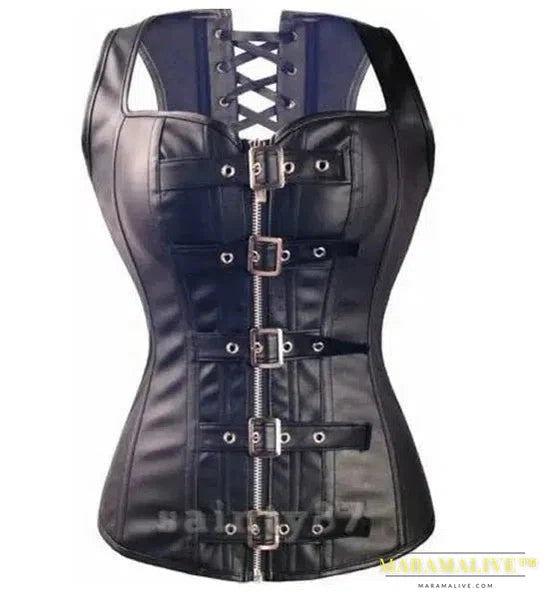 S-6XL 2024 Black Faux Leather Buckle Gothic Women Plus Size Corset Top Steam Punk Women Bustier Back Lacing Cincher PU Corselet