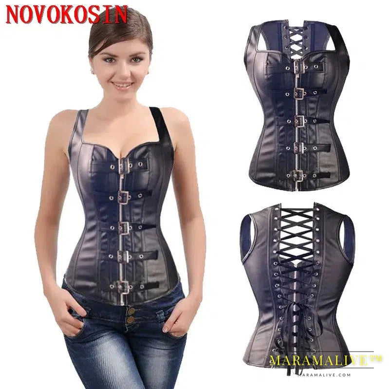 S-6XL 2024 Black Faux Leather Buckle Gothic Women Plus Size Corset Top Steam Punk Women Bustier Back Lacing Cincher PU Corselet