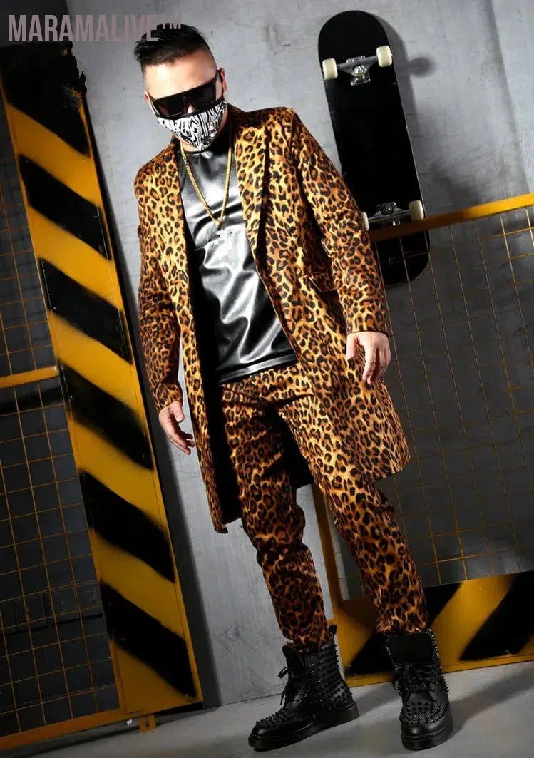 S-6XL Fashion Leopard Printing Long Blazers Jackets Men's Suits Bar Nightclub Singer DJ Stage outfit Rock Hip Hop Rock Costumes