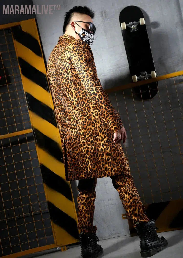 S-6XL Fashion Leopard Printing Long Blazers Jackets Men's Suits Bar Nightclub Singer DJ Stage outfit Rock Hip Hop Rock Costumes