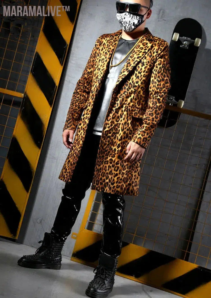 S-6XL Fashion Leopard Printing Long Blazers Jackets Men's Suits Bar Nightclub Singer DJ Stage outfit Rock Hip Hop Rock Costumes