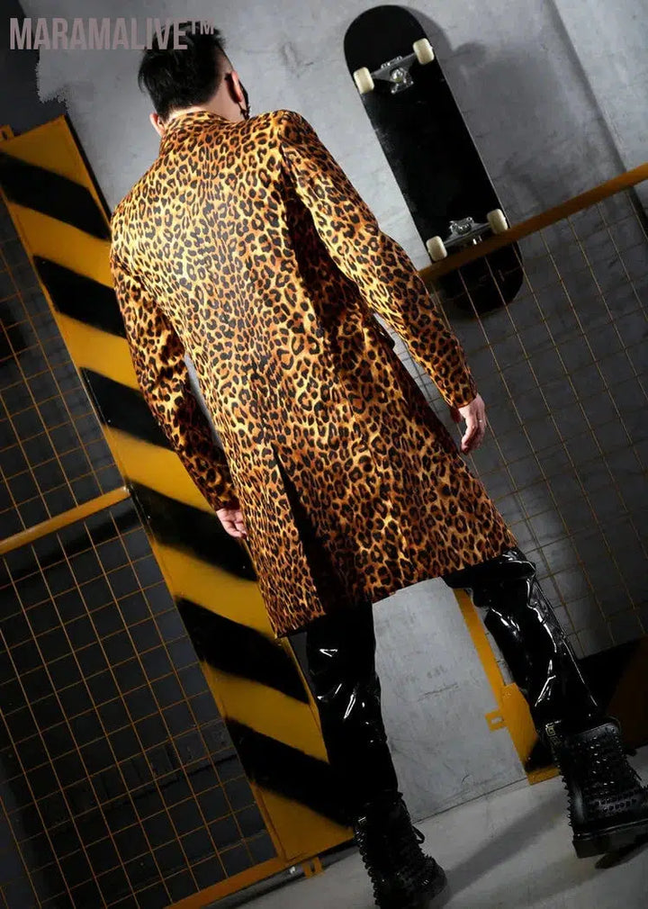 S-6XL Fashion Leopard Printing Long Blazers Jackets Men's Suits Bar Nightclub Singer DJ Stage outfit Rock Hip Hop Rock Costumes