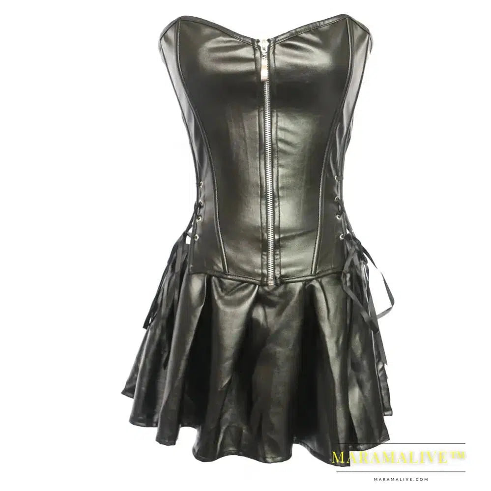 S-6XL Plus Size Lingerie Women Black Faux Leather Burlesque Steampunk Corset Dress Gothic PVC Corset Vest Bust 829