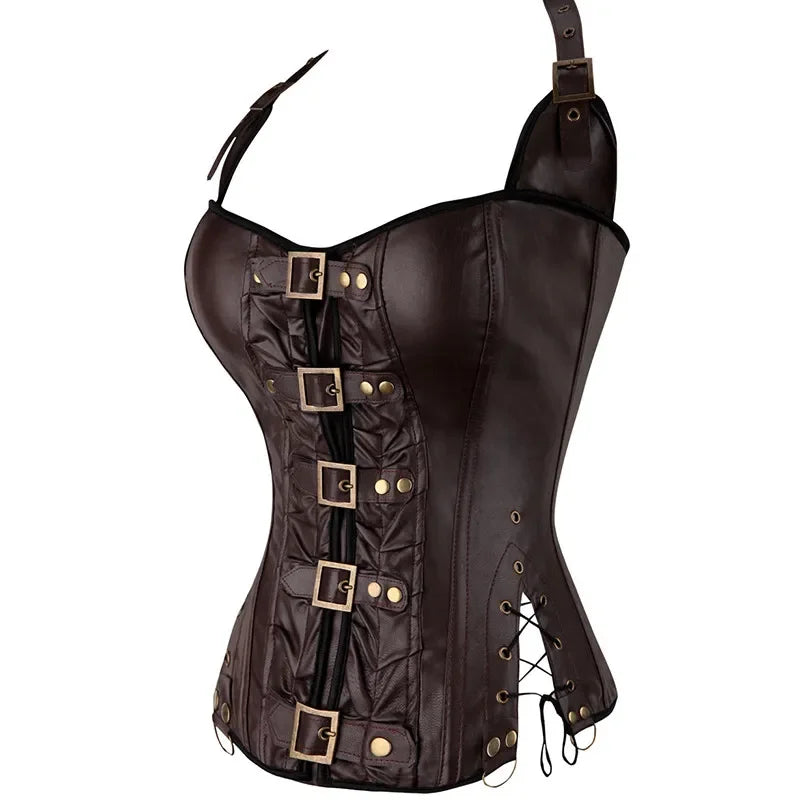 Coffee Halterneck Corset Overbust Steampunk Gothic Korse Belt Black Punk Korset G-string Corselet Buckle Gorset Boned Bustier