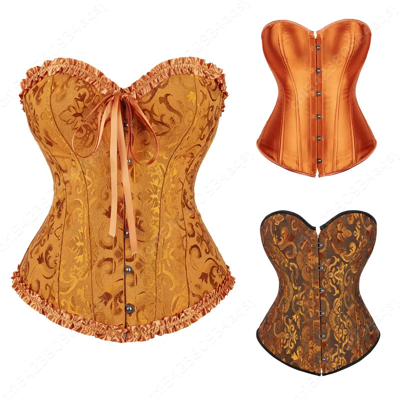 Corsets Top For Women Satin Corset Plus Size Vintage Overbust Corset Orange Burlesque Costumes XS-7XL