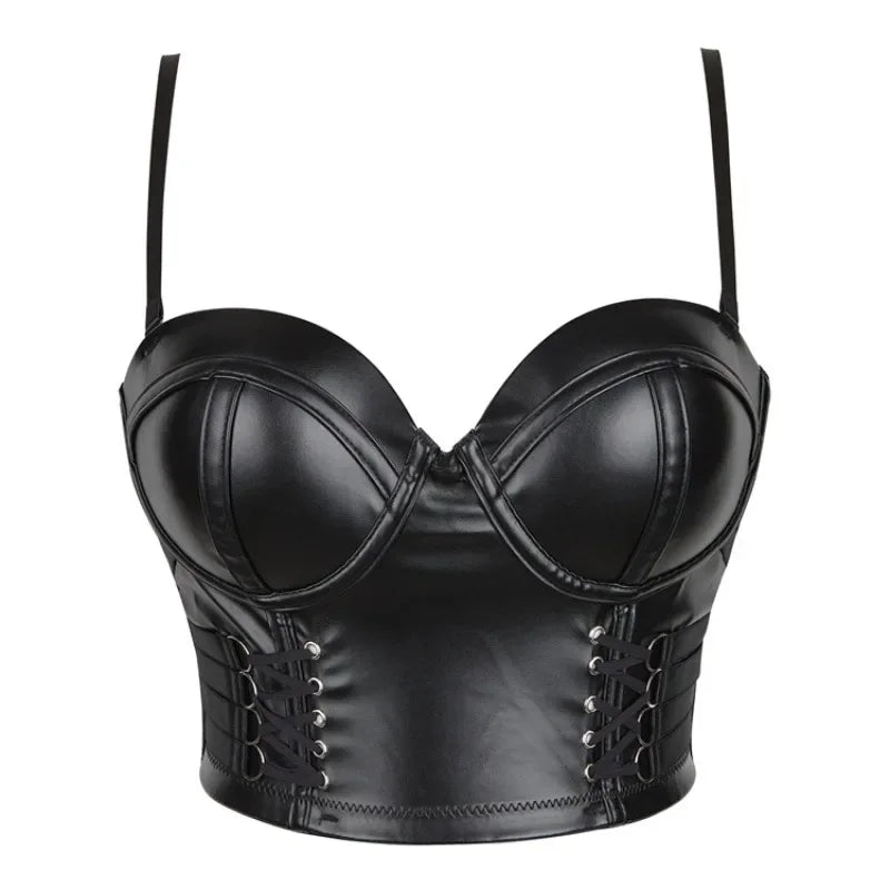 Gothic Punk Corsets Women Crop Top PU Leather Bustier Lace-Up Bra Push Up Corselet Lingerie Night Club Party Cropped Tops - Maramalive™