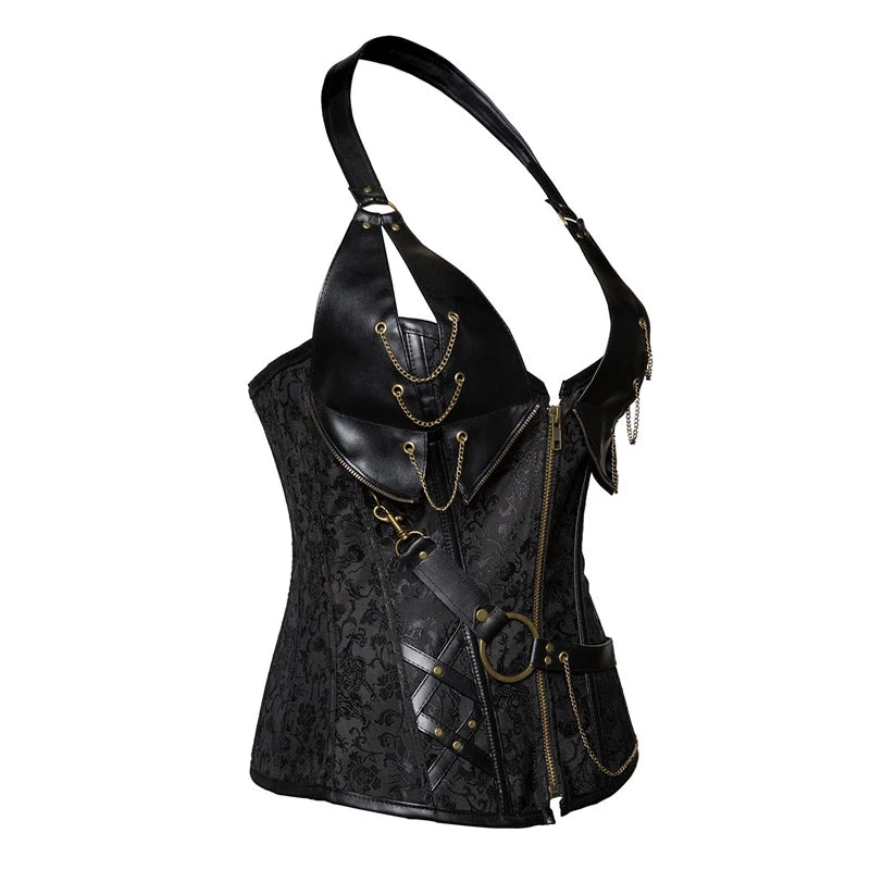 Plus Size Zip Up Sexy Shaper Spiral Steel Boned Steampunk Goth Halter Leather Bustier Corset S-6XL